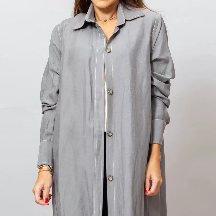 Maria Dark Gray Long Linen Button-Down Shirt