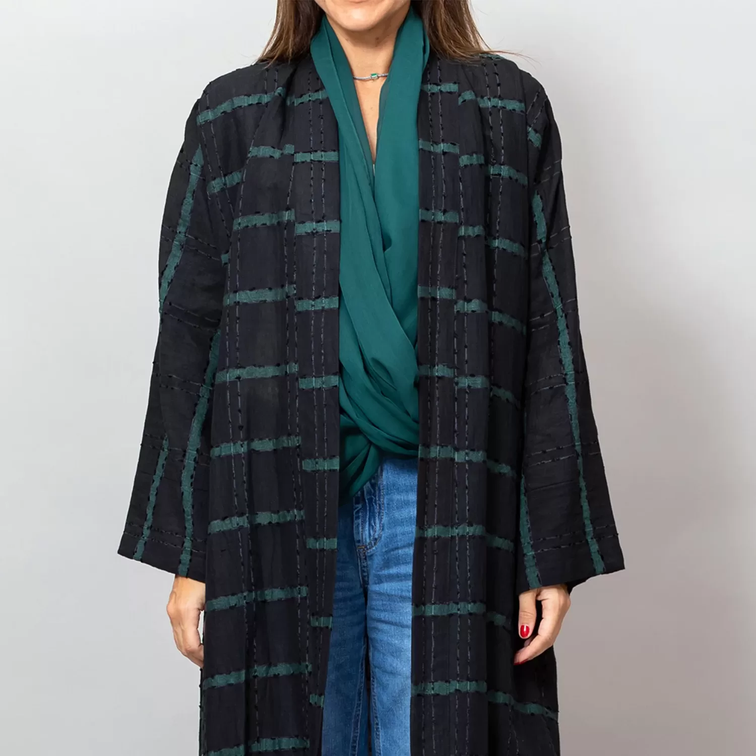 Black/Green Leila Striped Woven Linen Abaya