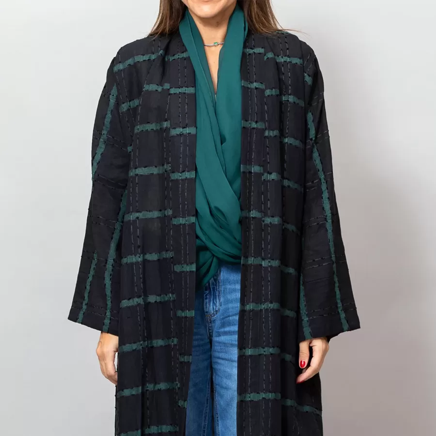 Black/Green Leila Striped Woven Linen Abaya