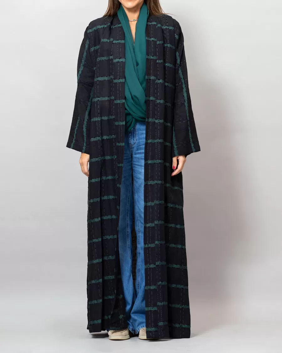 Black/Green Leila Striped Woven Linen Abaya