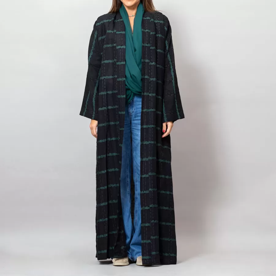 Black/Green Leila Striped Woven Linen Abaya