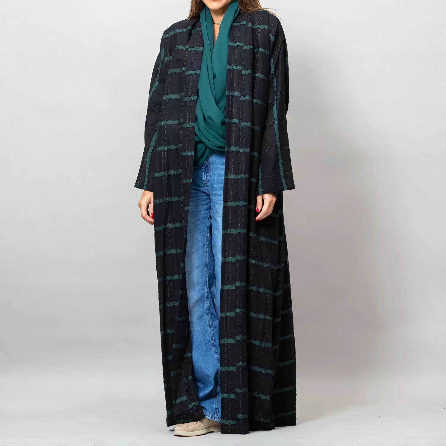 Black/Green Leila Striped Woven Linen Abaya