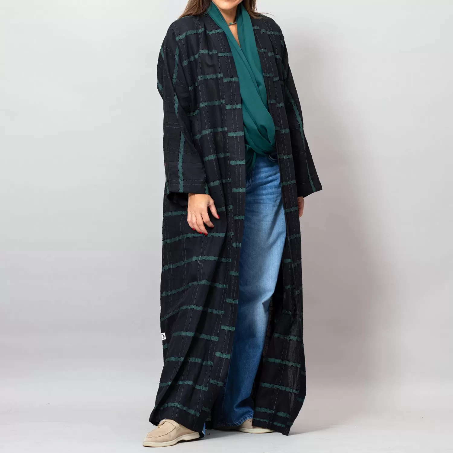 Black/Green Leila Striped Woven Linen Abaya