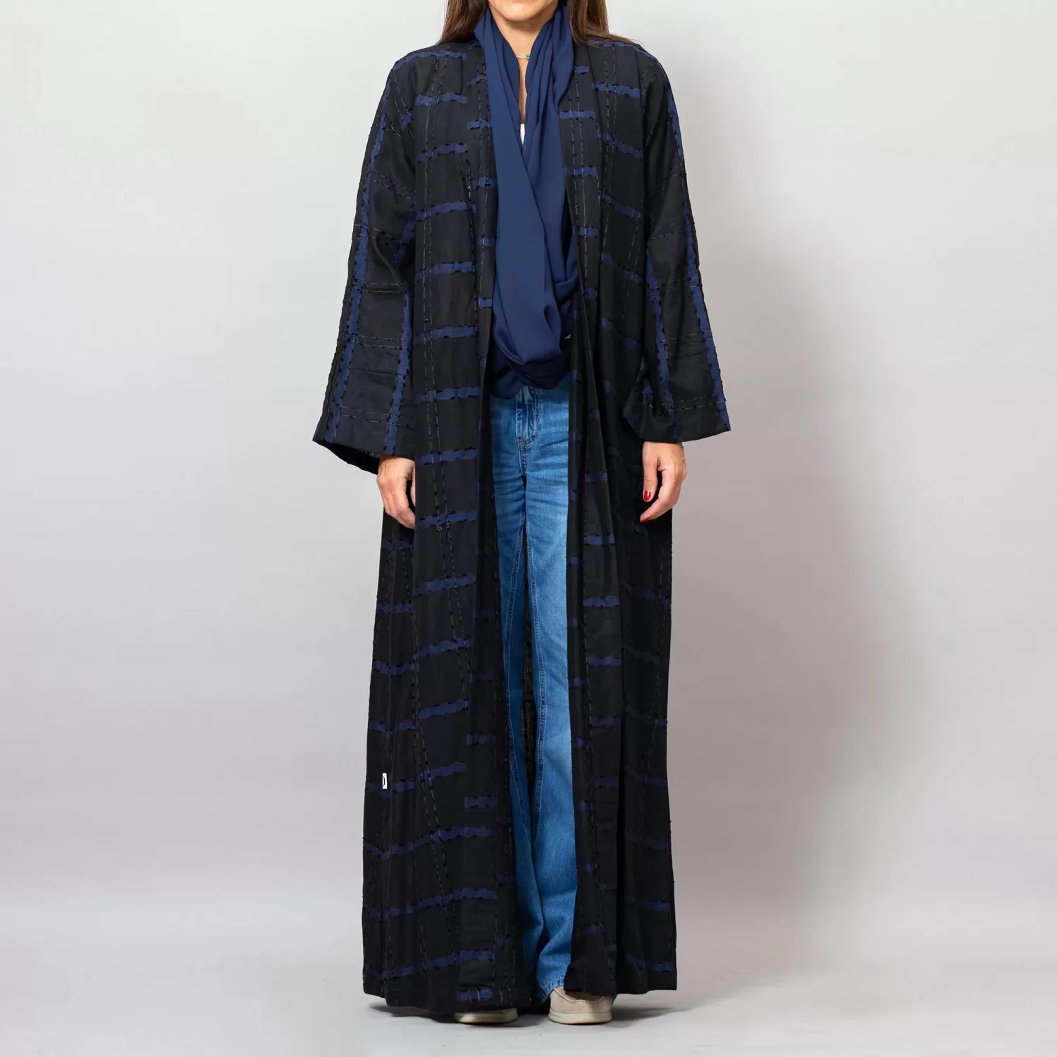 Black/Blue Leila Striped Woven Linen Abaya