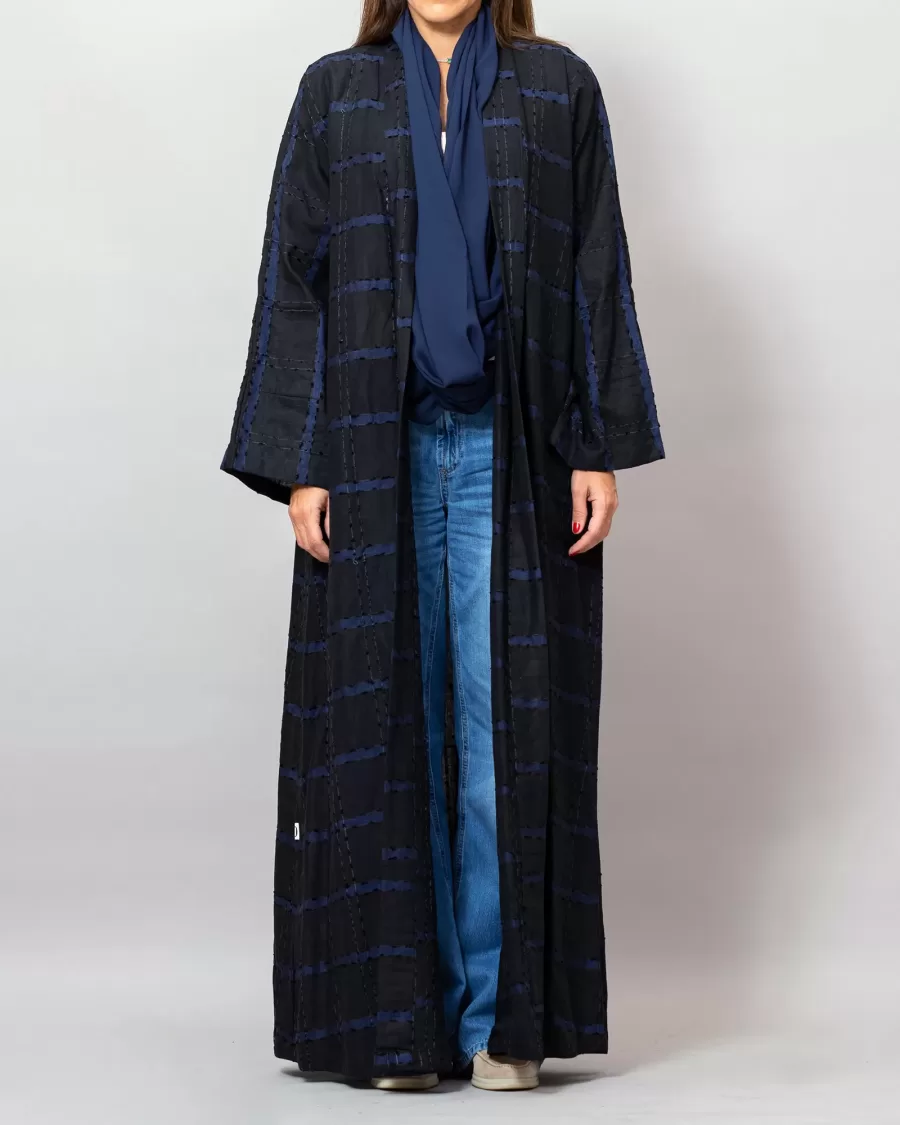 Black/Blue Leila Striped Woven Linen Abaya