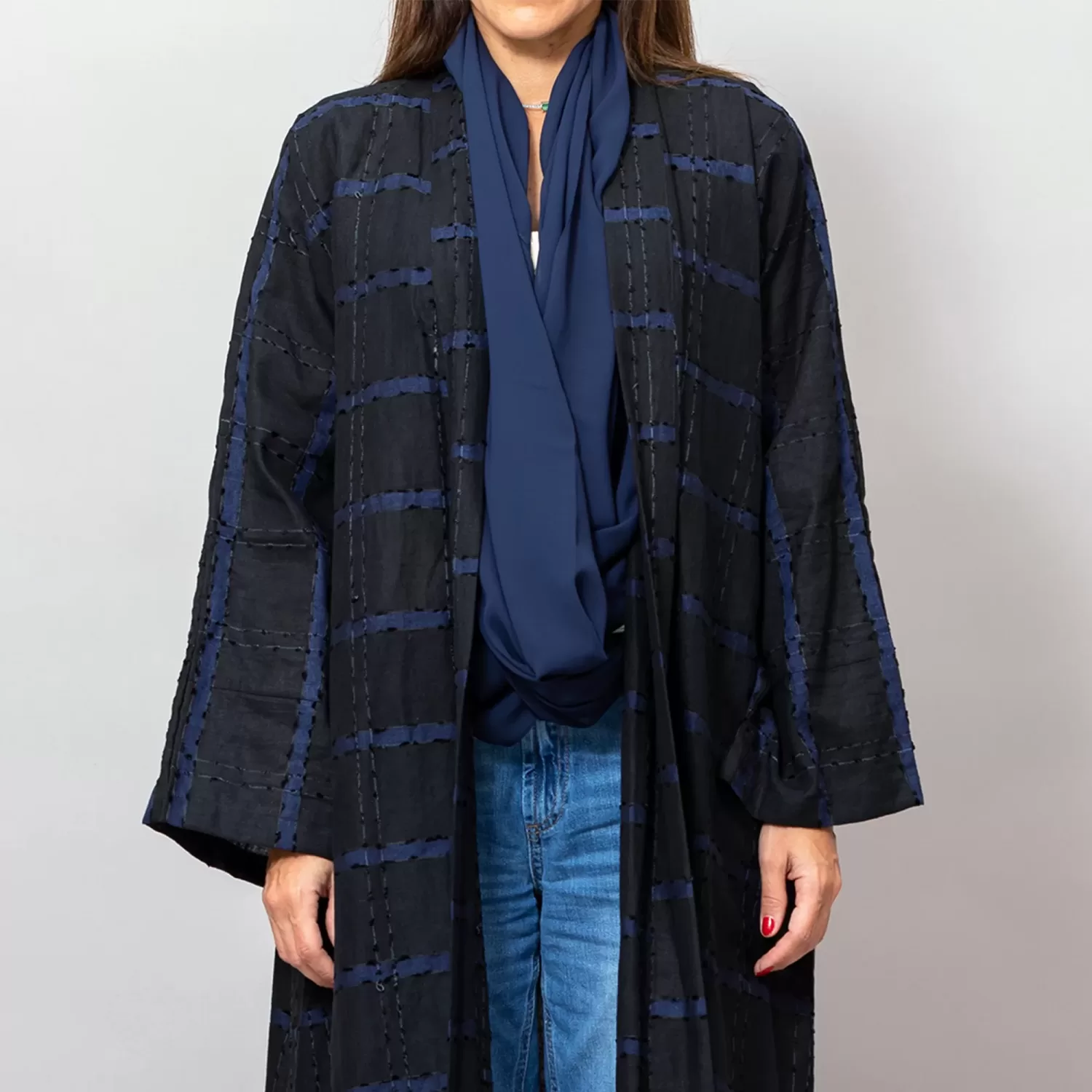 Black/Blue Leila Striped Woven Linen Abaya