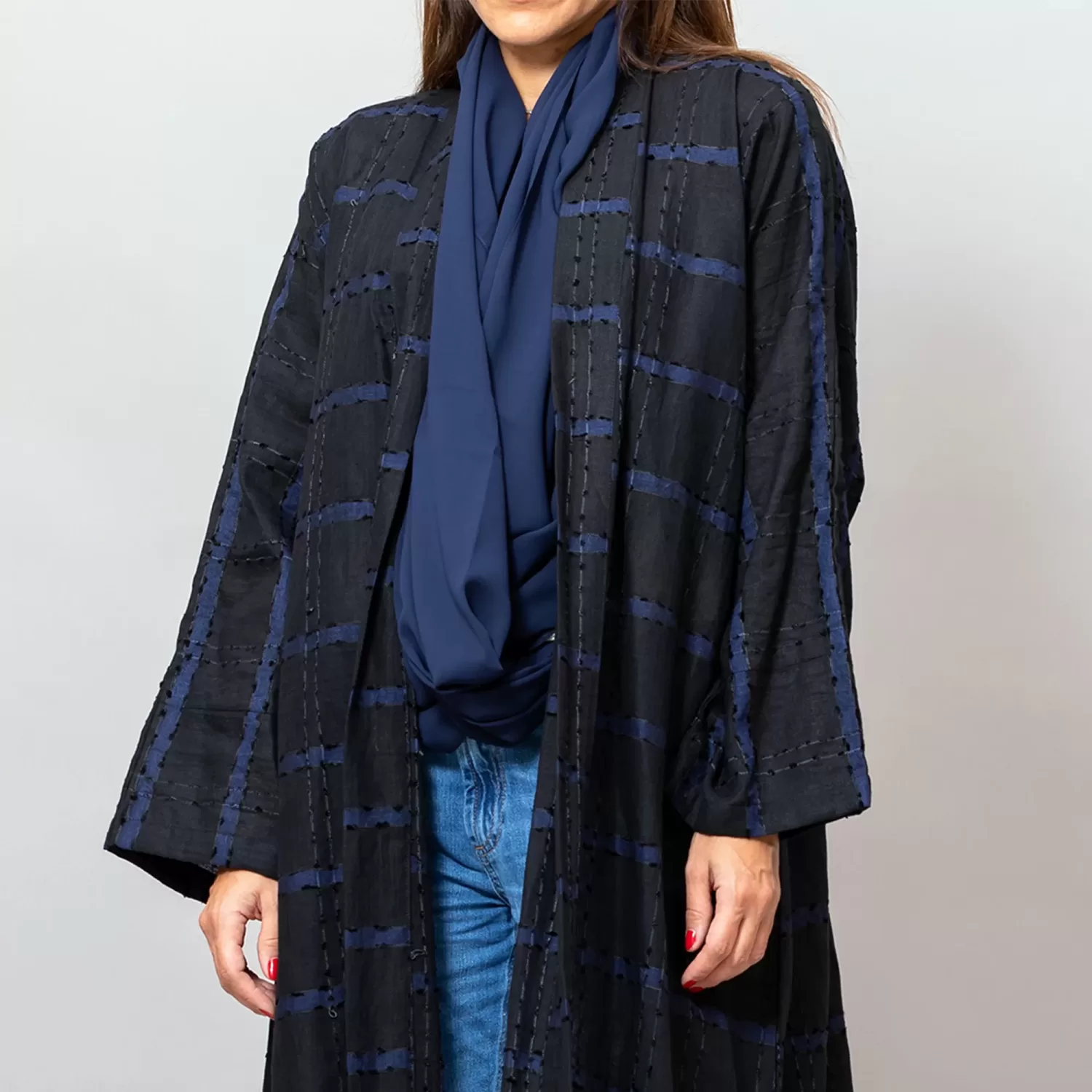 Black/Blue Leila Striped Woven Linen Abaya