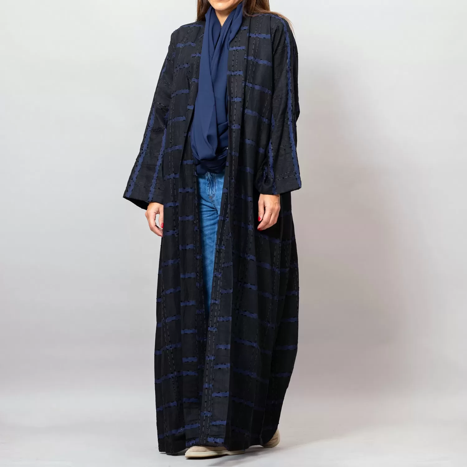 Black/Blue Leila Striped Woven Linen Abaya