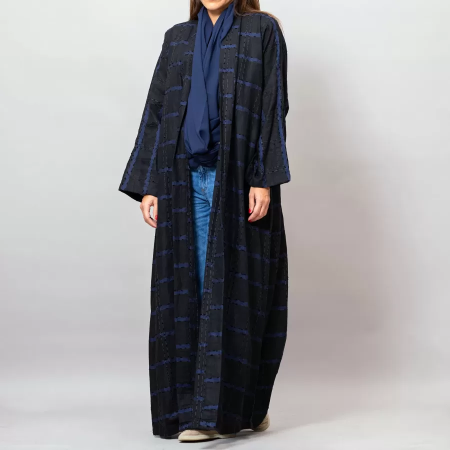 Black/Blue Leila Striped Woven Linen Abaya