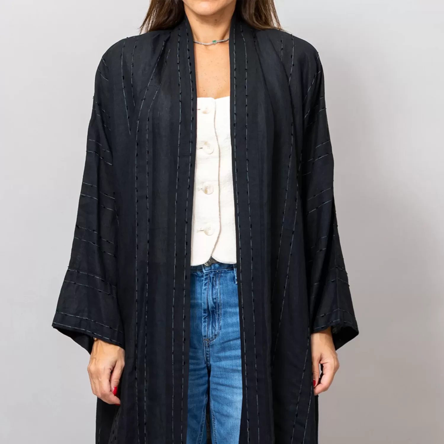 Black Leila Striped Woven Linen Abaya