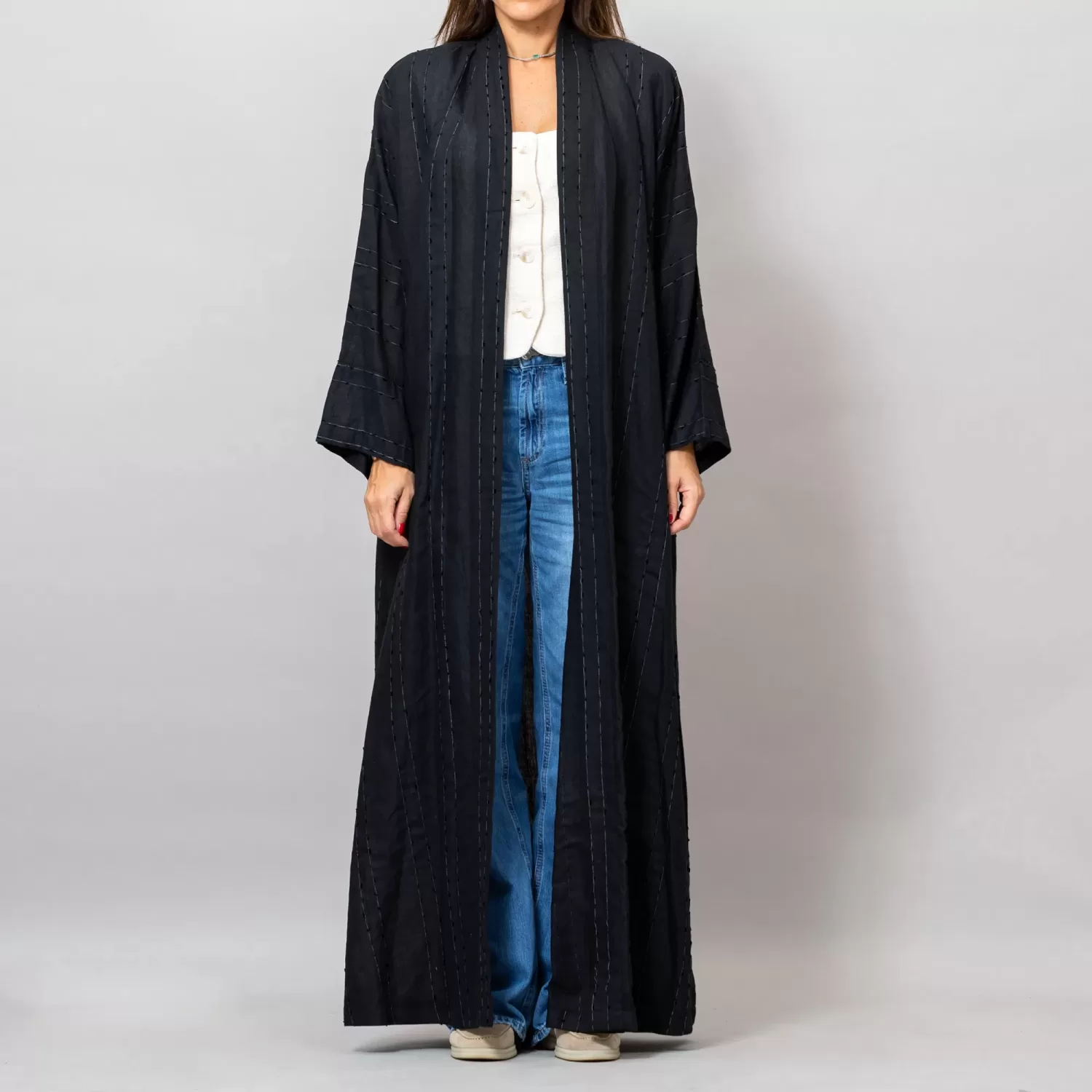 Black Leila Striped Woven Linen Abaya