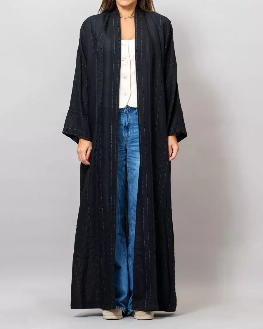 Black Leila Striped Woven Linen Abaya