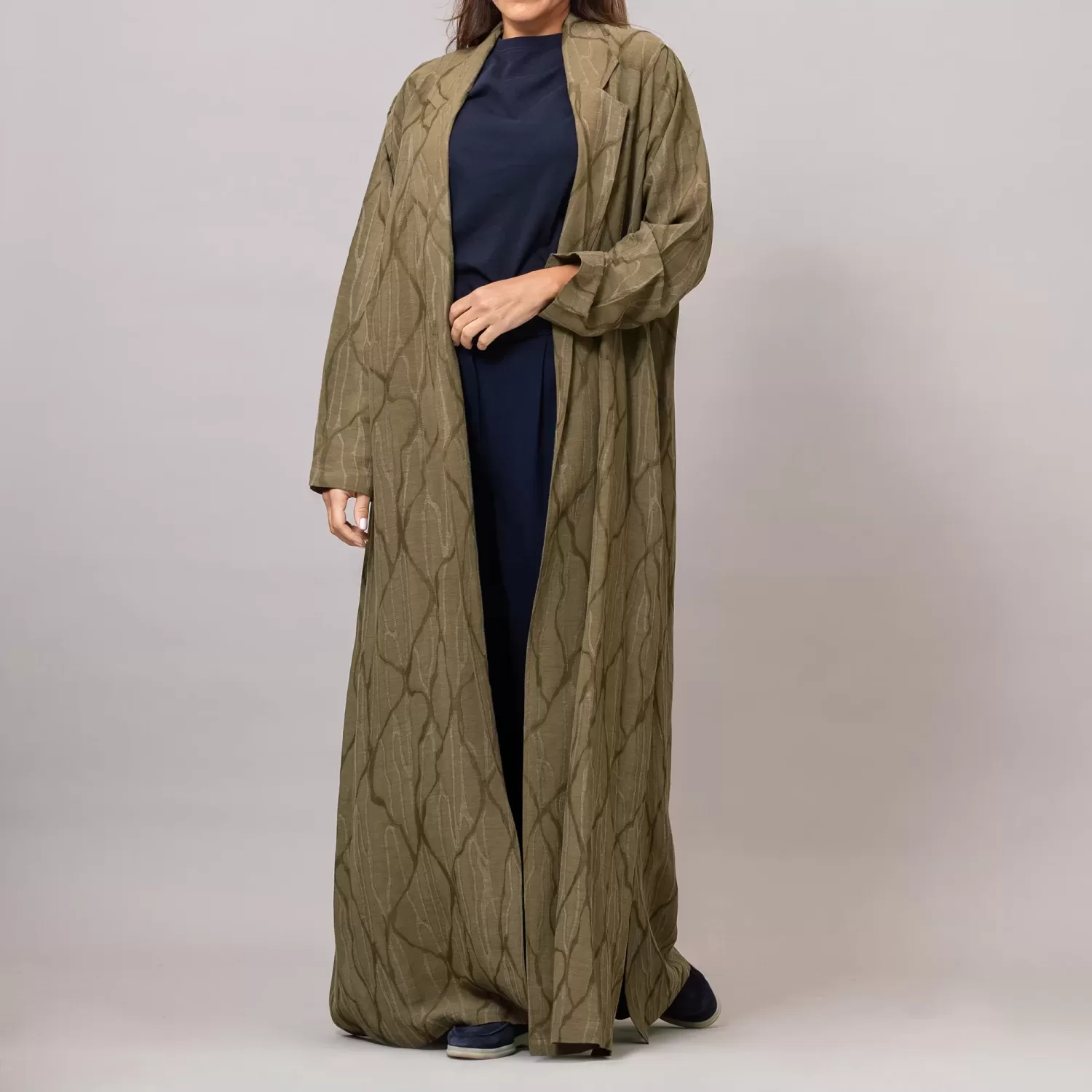 Reema Blazer Abaya Olive Brown Self-Embroidered Linen