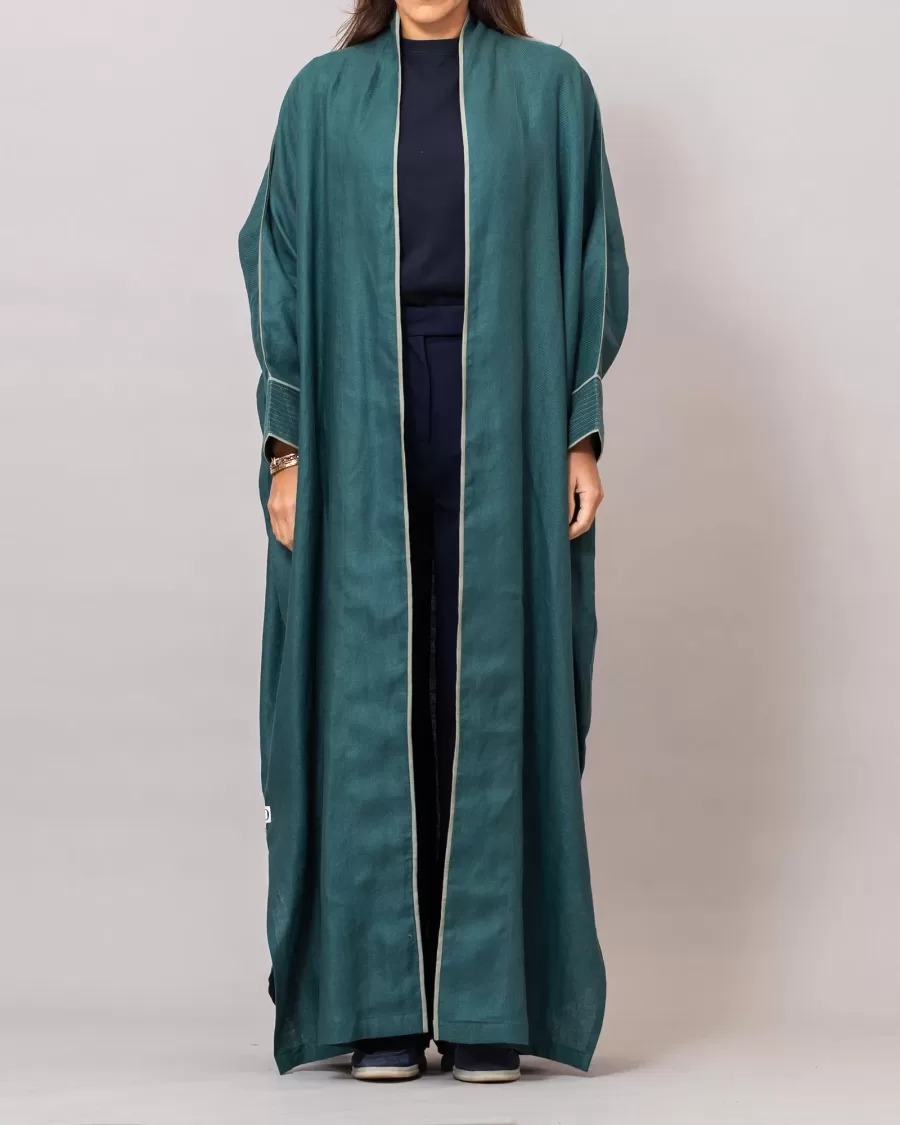 Teal Ribbed Texture Scarlet Abaya with Colored Piping