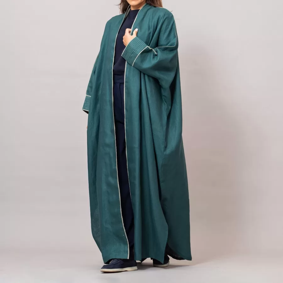 Teal Ribbed Texture Scarlet Abaya with Colored Piping