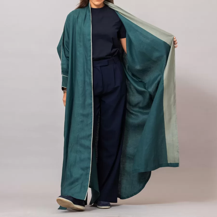 Teal Ribbed Texture Scarlet Abaya with Colored Piping