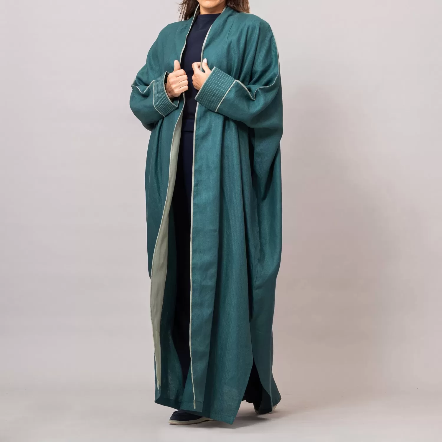 Teal Ribbed Texture Scarlet Abaya with Colored Piping