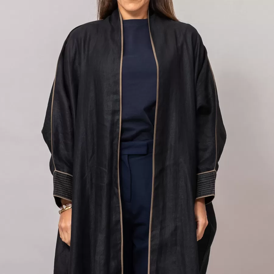 Black Ribbed Texture Scarlet Abaya with Colored Piping