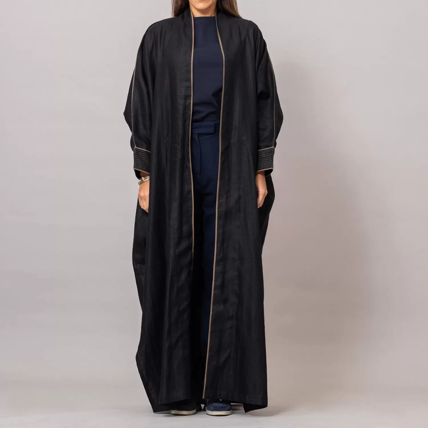 Black Ribbed Texture Scarlet Abaya with Colored Piping