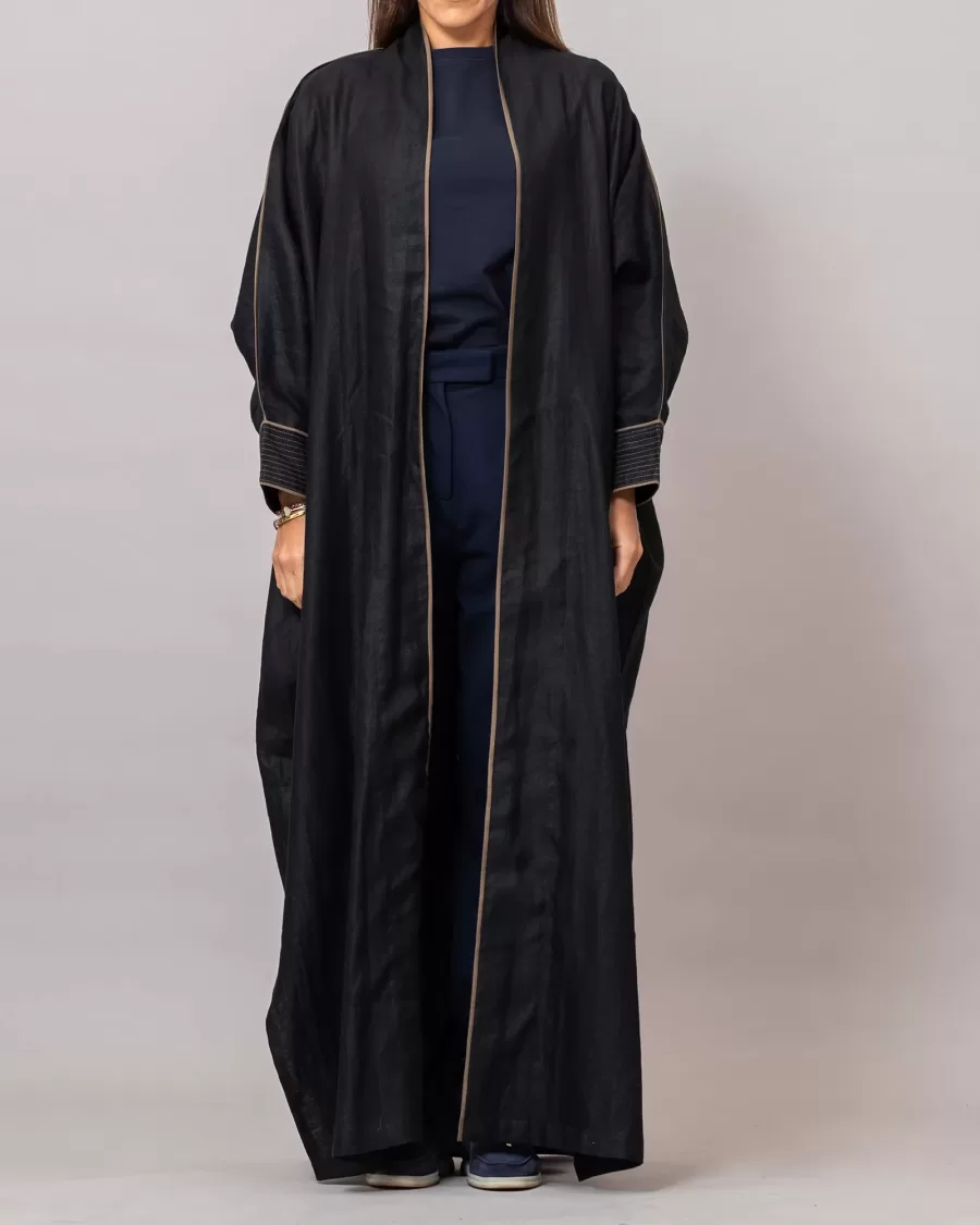 Black Ribbed Texture Scarlet Abaya with Colored Piping