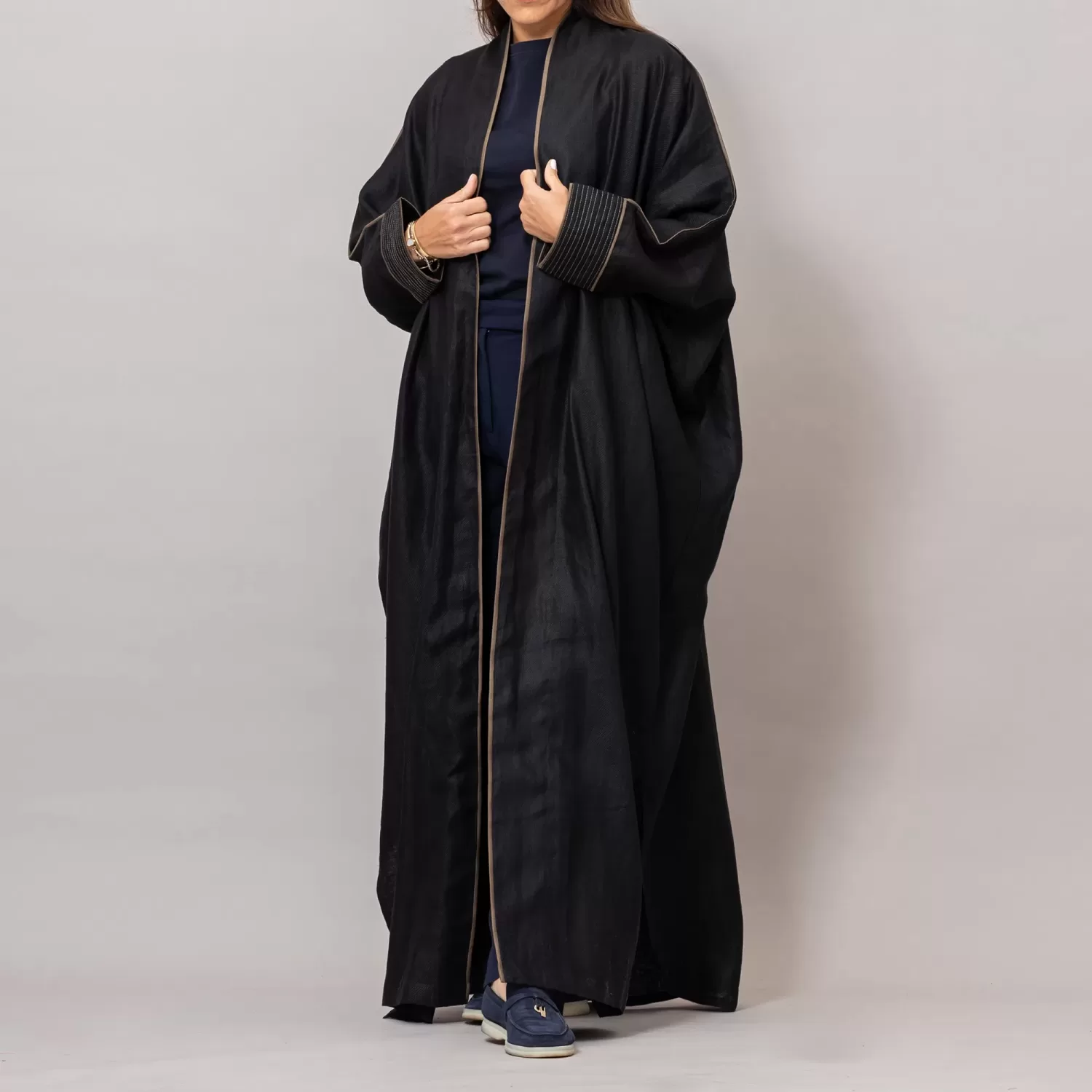 Black Ribbed Texture Scarlet Abaya with Colored Piping