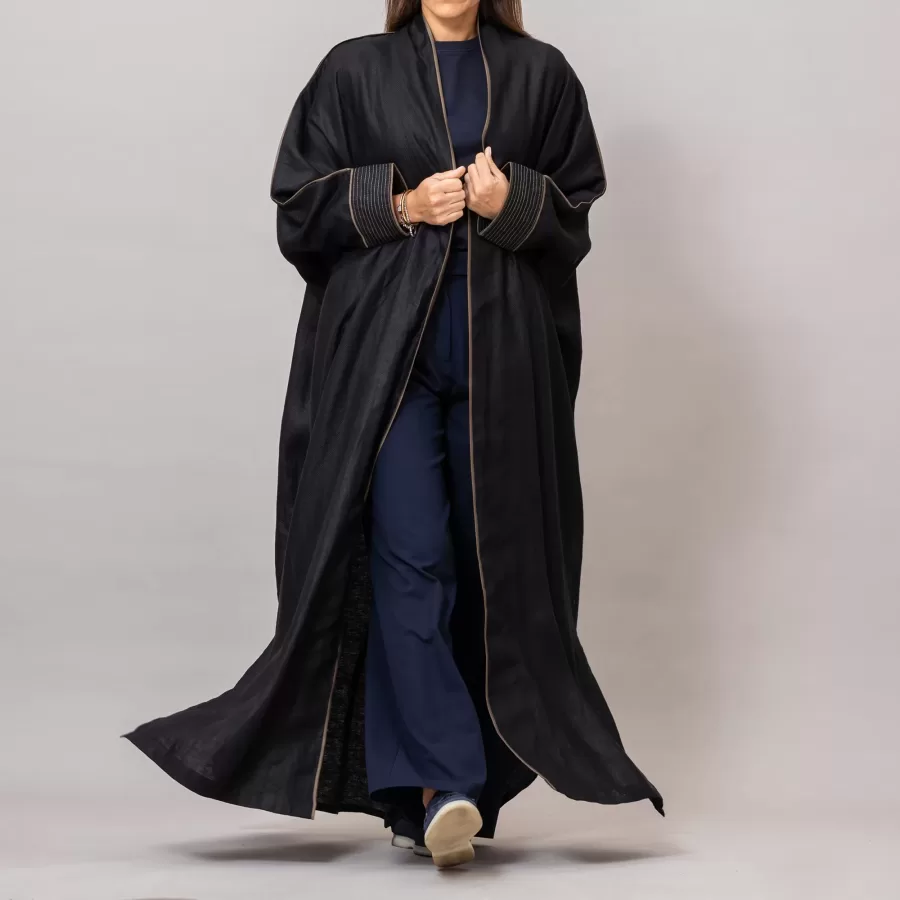 Black Ribbed Texture Scarlet Abaya with Colored Piping