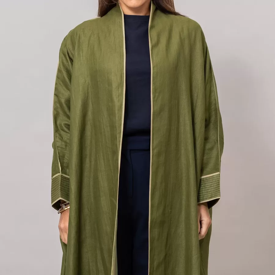 olive green Ribbed Texture Scarlet Abaya with Colored Piping