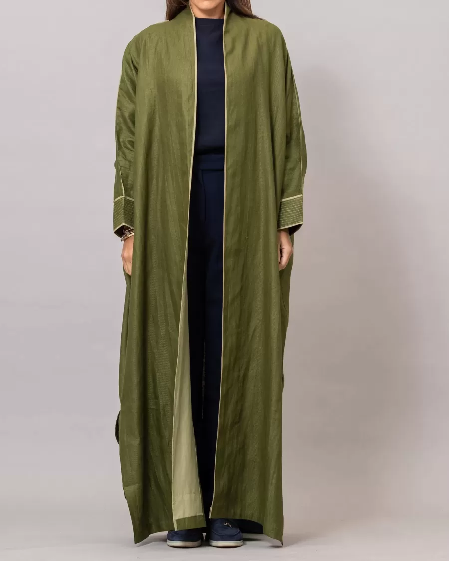 olive green Ribbed Texture Scarlet Abaya with Colored Piping