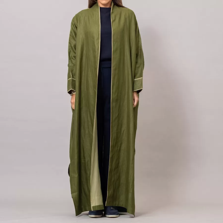 olive green Ribbed Texture Scarlet Abaya with Colored Piping