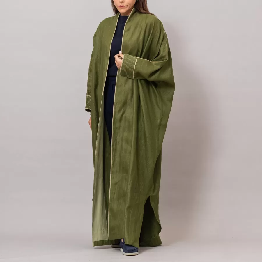 olive green Ribbed Texture Scarlet Abaya with Colored Piping