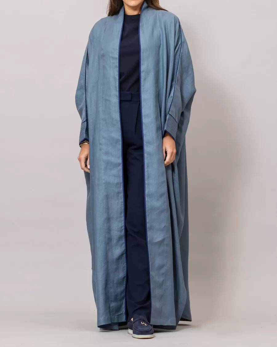 Blue Gray Ribbed Texture Scarlet Abaya with Colored Piping