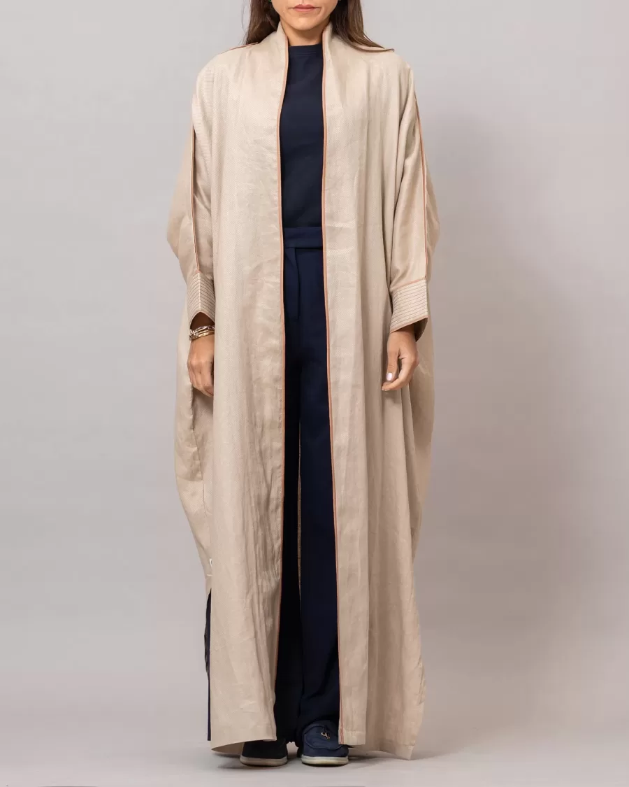 almond Ribbed Texture Scarlet Abaya with Colored Piping