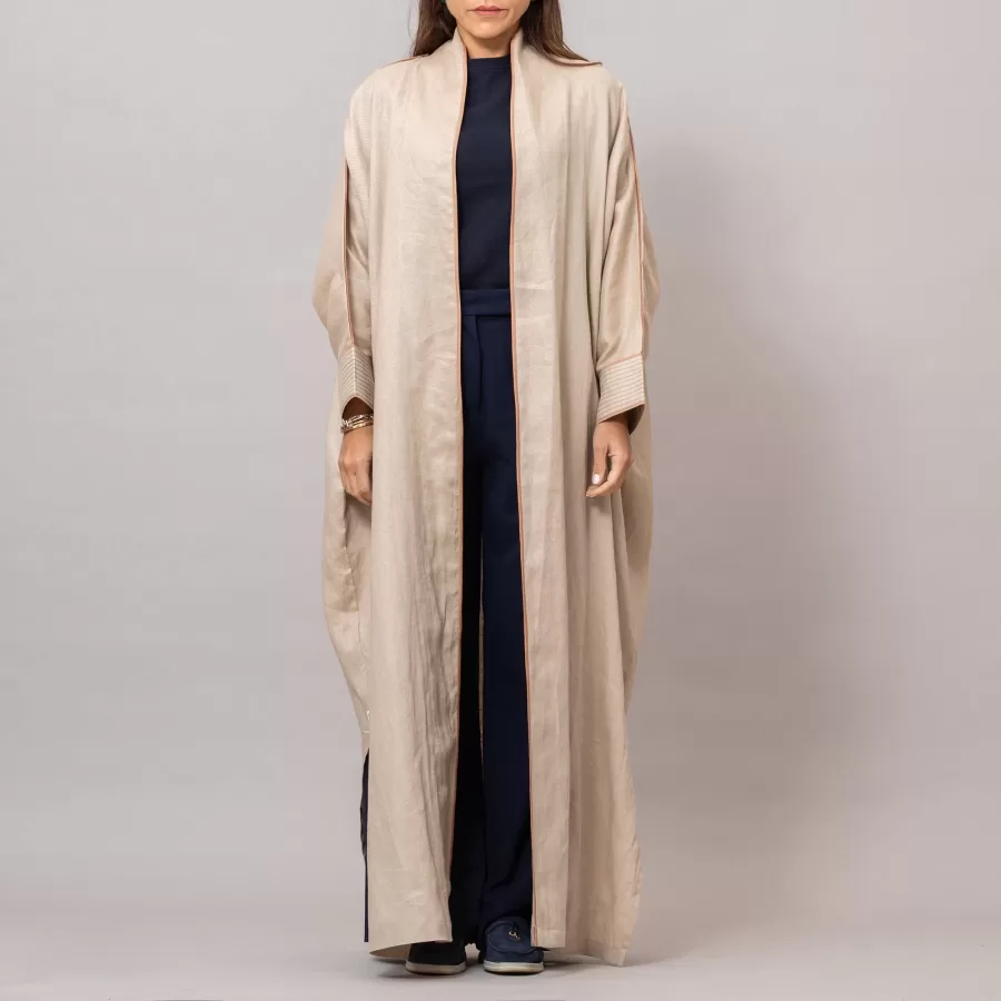 almond Ribbed Texture Scarlet Abaya with Colored Piping