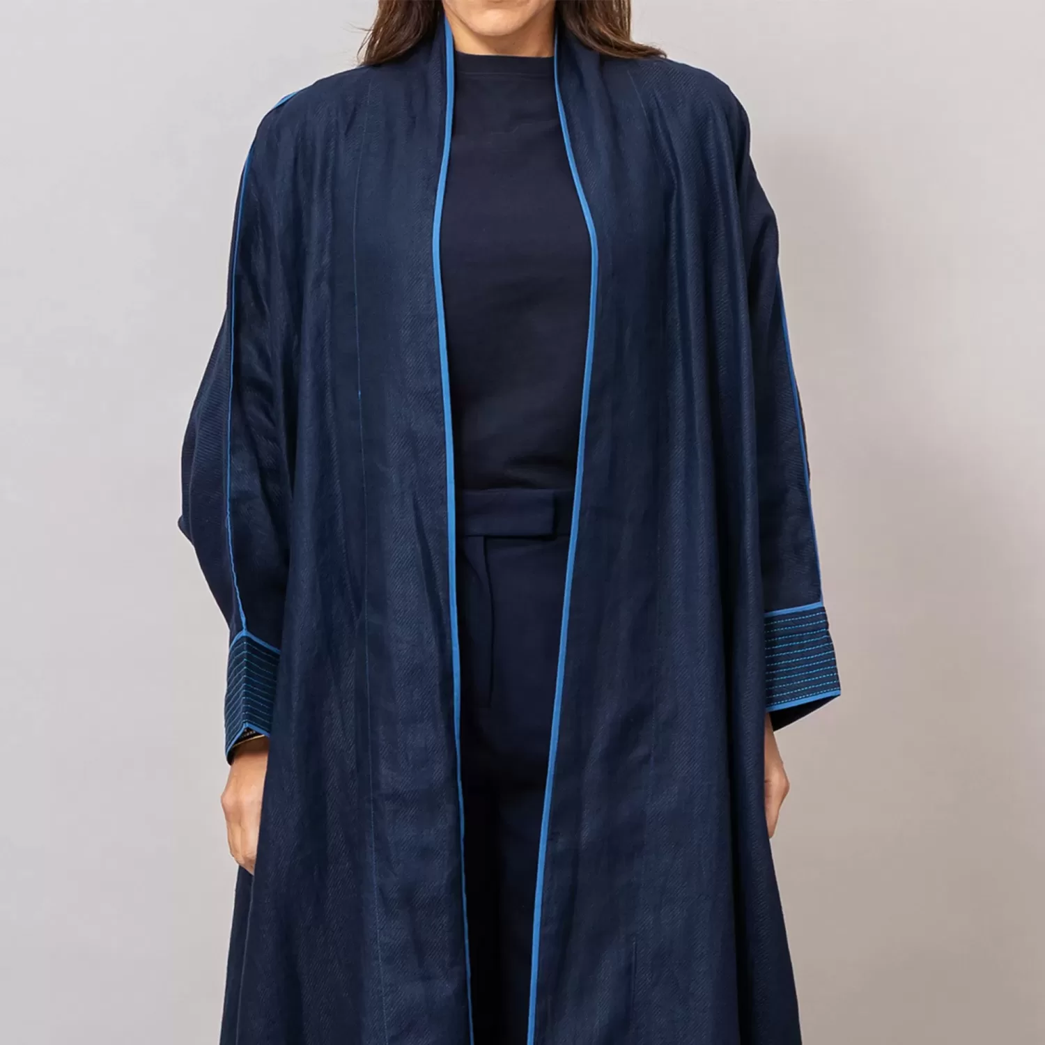 midnight blue Ribbed Texture Scarlet Abaya with Colored Piping