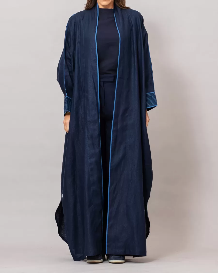 midnight blue Ribbed Texture Scarlet Abaya with Colored Piping