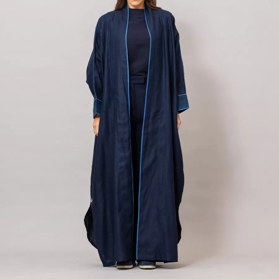 midnight blue Ribbed Texture Scarlet Abaya with Colored Piping