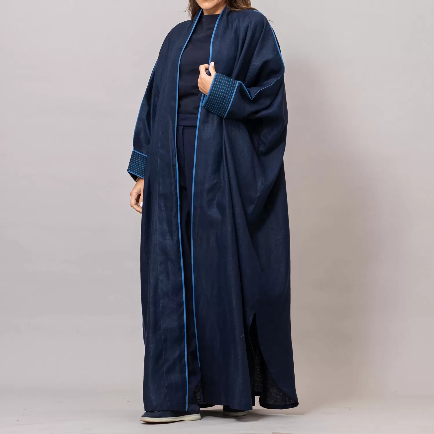 midnight blue Ribbed Texture Scarlet Abaya with Colored Piping