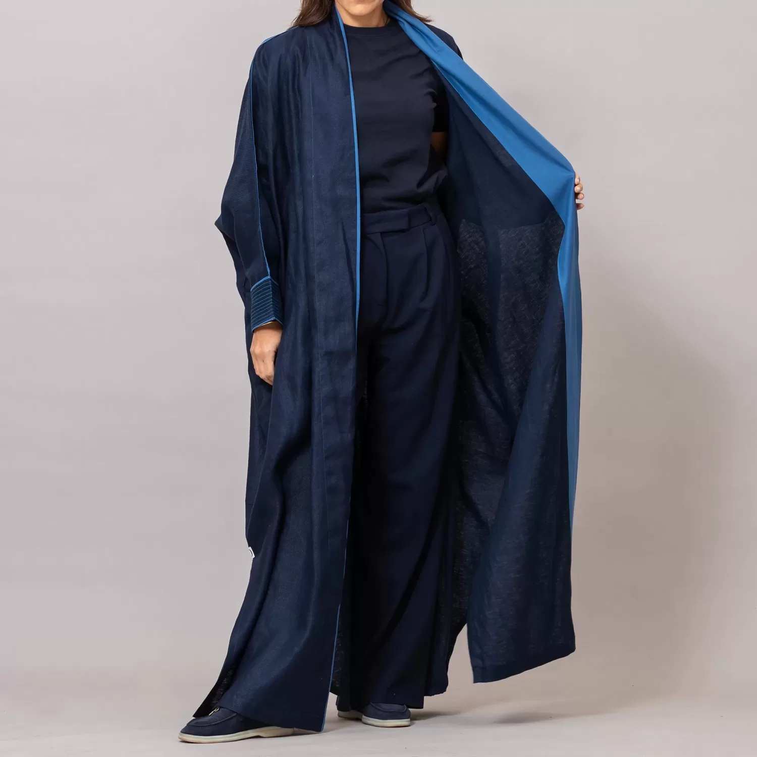 midnight blue Ribbed Texture Scarlet Abaya with Colored Piping