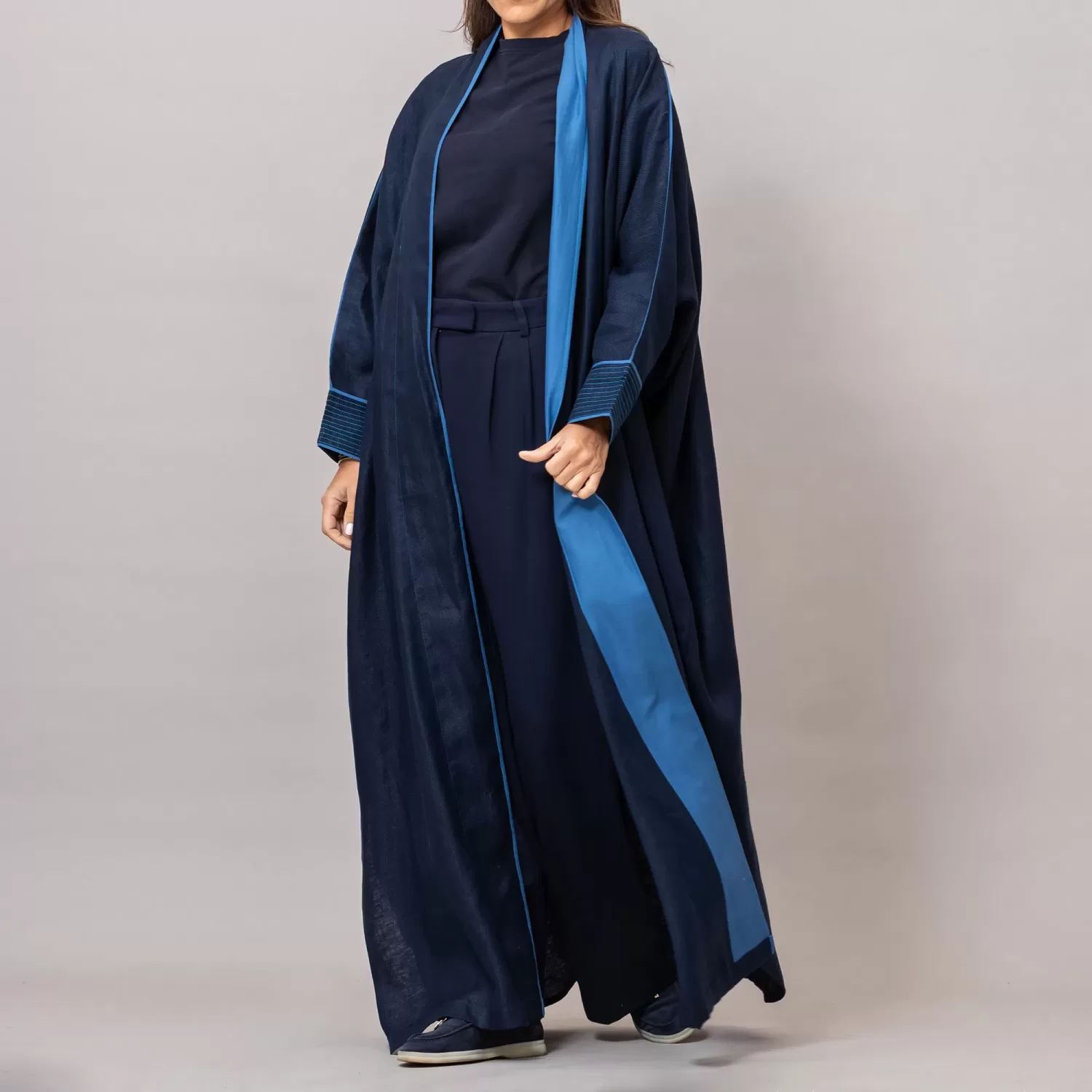 midnight blue Ribbed Texture Scarlet Abaya with Colored Piping