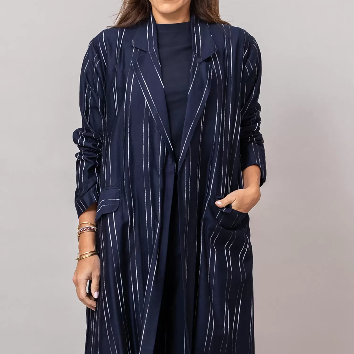 The Blazer Woven Striped Cotton Abaya with Pockets Midnight Blue