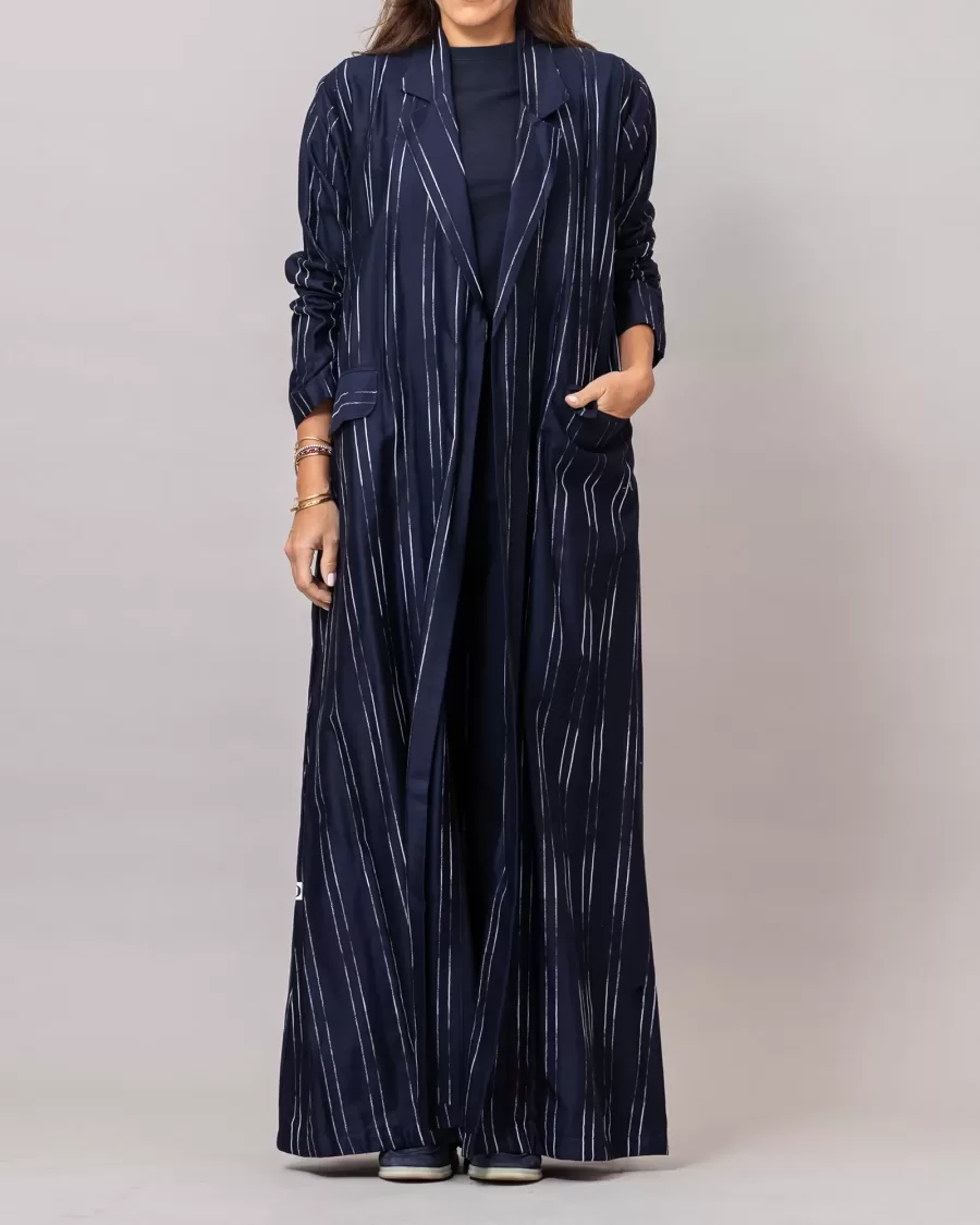 The Blazer Woven Striped Cotton Abaya with Pockets Midnight Blue