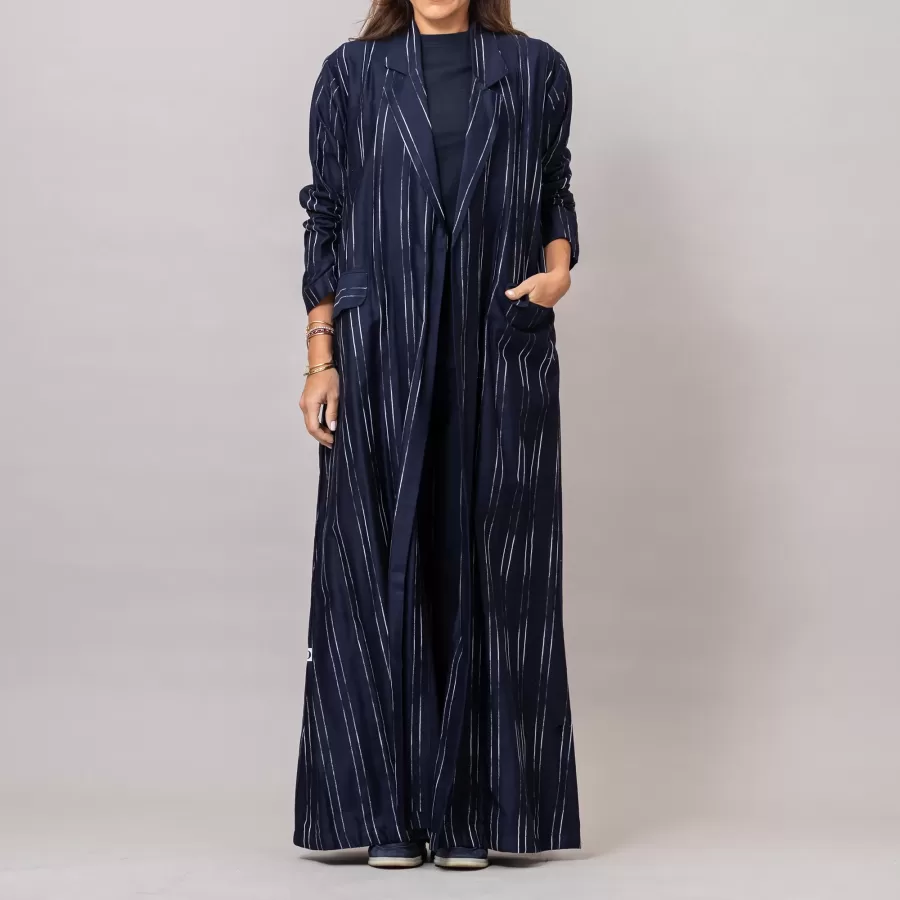 The Blazer Woven Striped Cotton Abaya with Pockets Midnight Blue