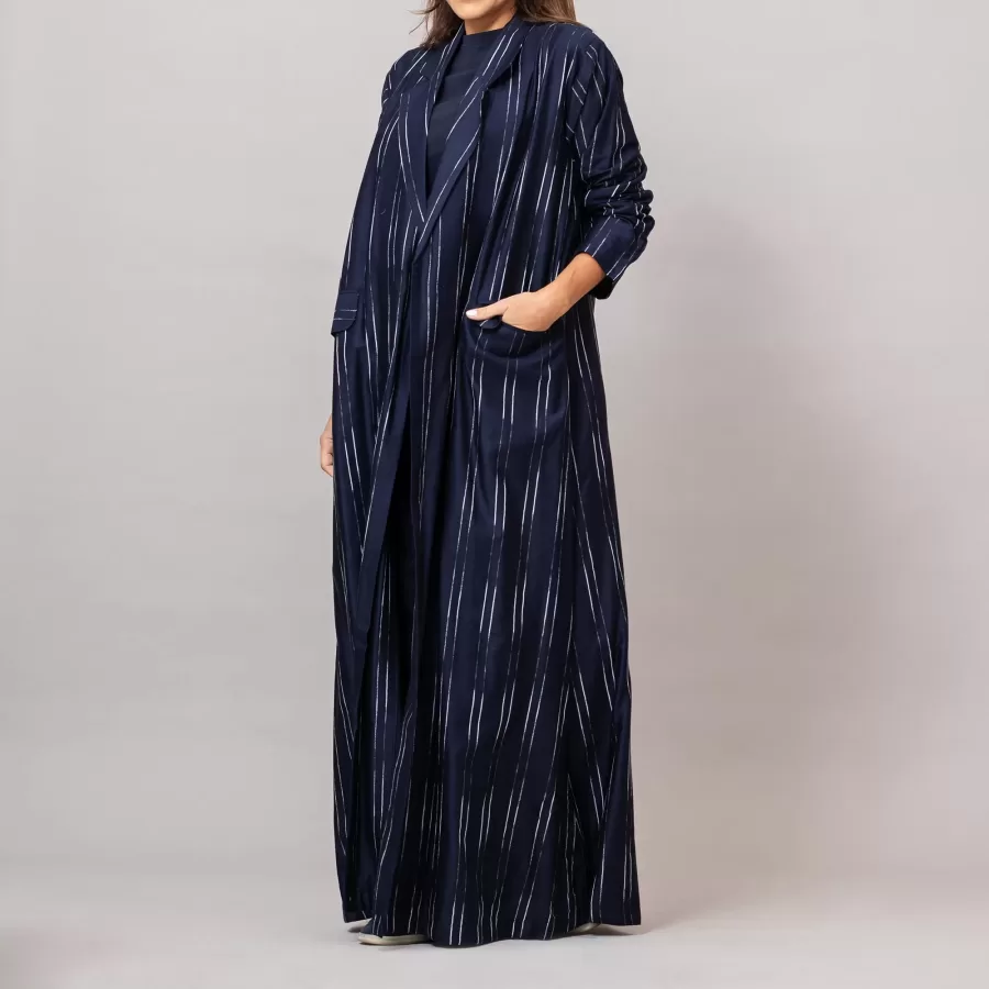 The Blazer Woven Striped Cotton Abaya with Pockets Midnight Blue