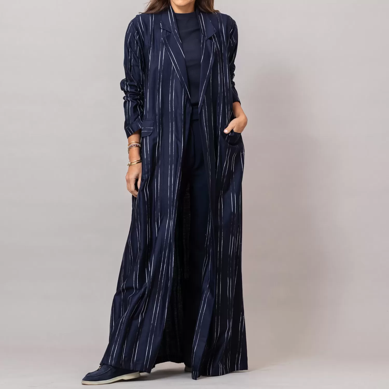 The Blazer Woven Striped Cotton Abaya with Pockets Midnight Blue