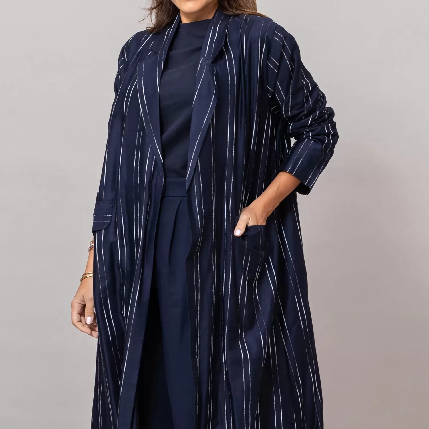 The Blazer Woven Striped Cotton Abaya with Pockets Midnight Blue