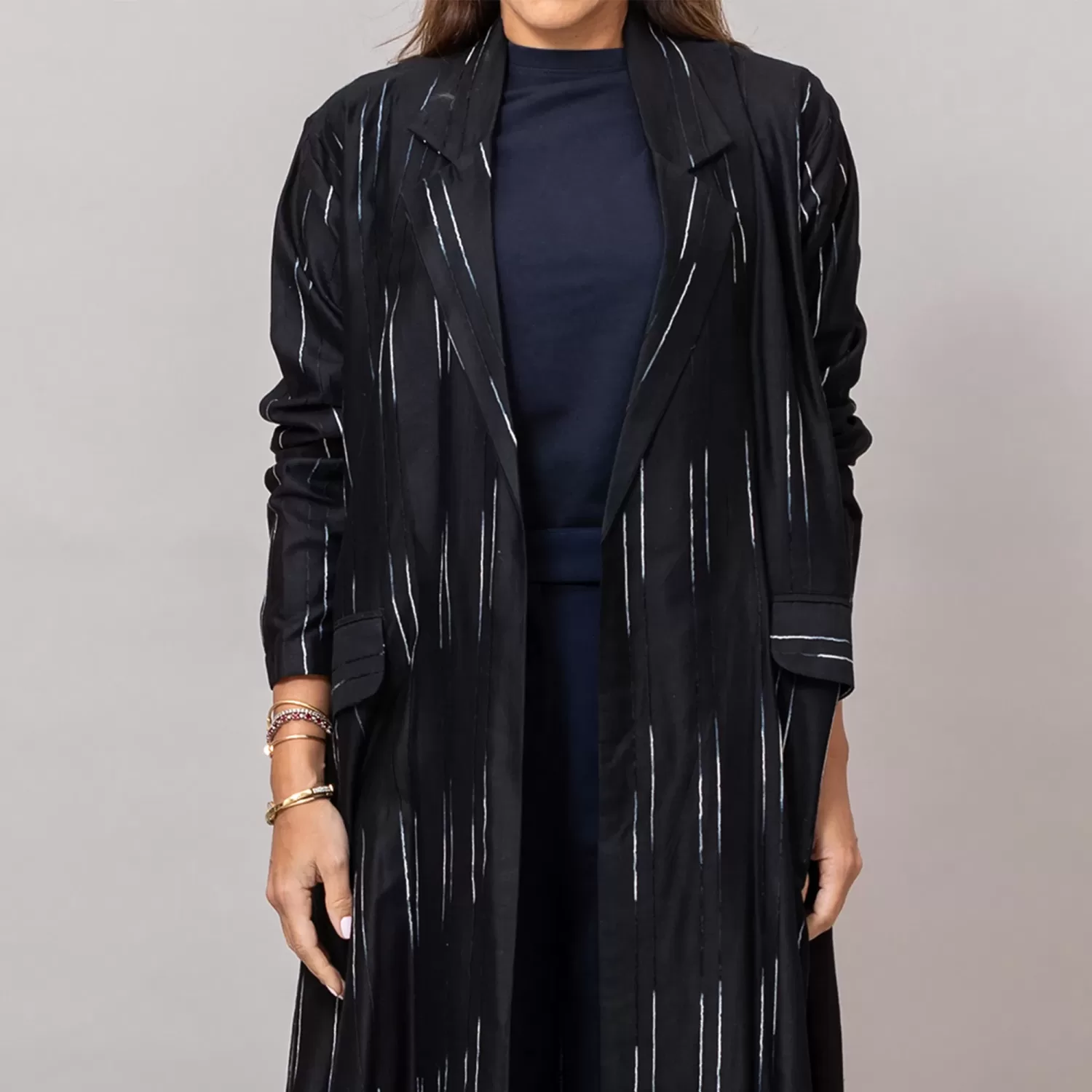 The Blazer Woven Striped Cotton Abaya with Pockets Black