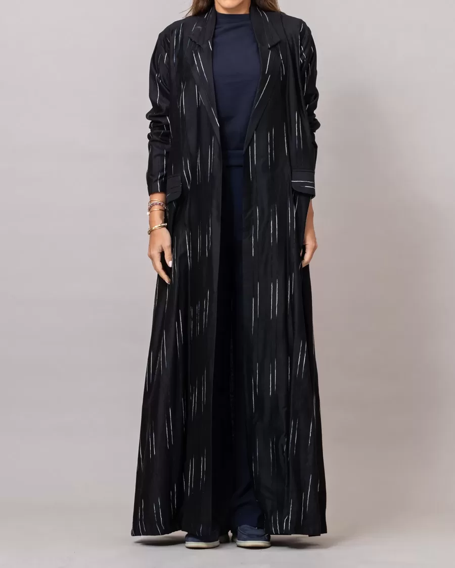 The Blazer Woven Striped Cotton Abaya with Pockets Black