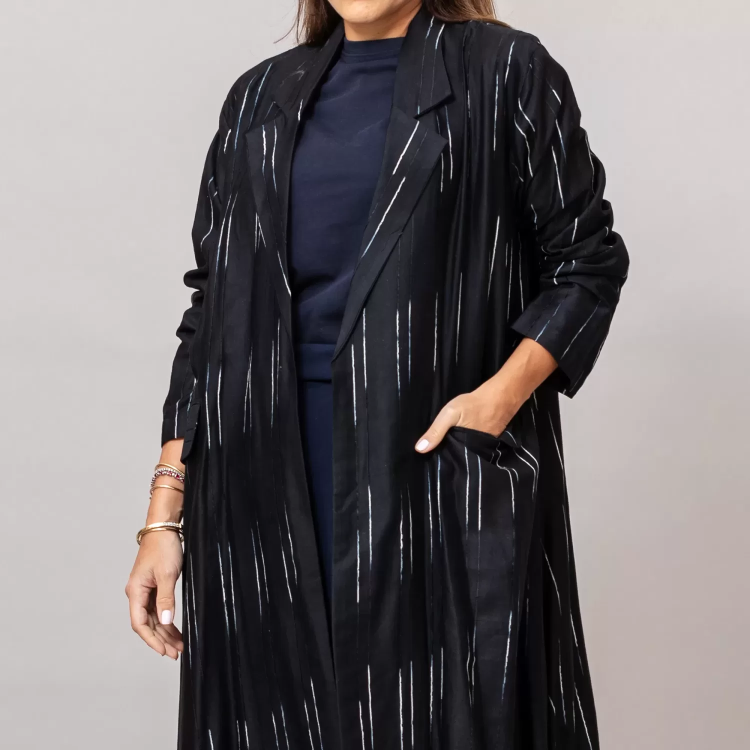 The Blazer Woven Striped Cotton Abaya with Pockets Black