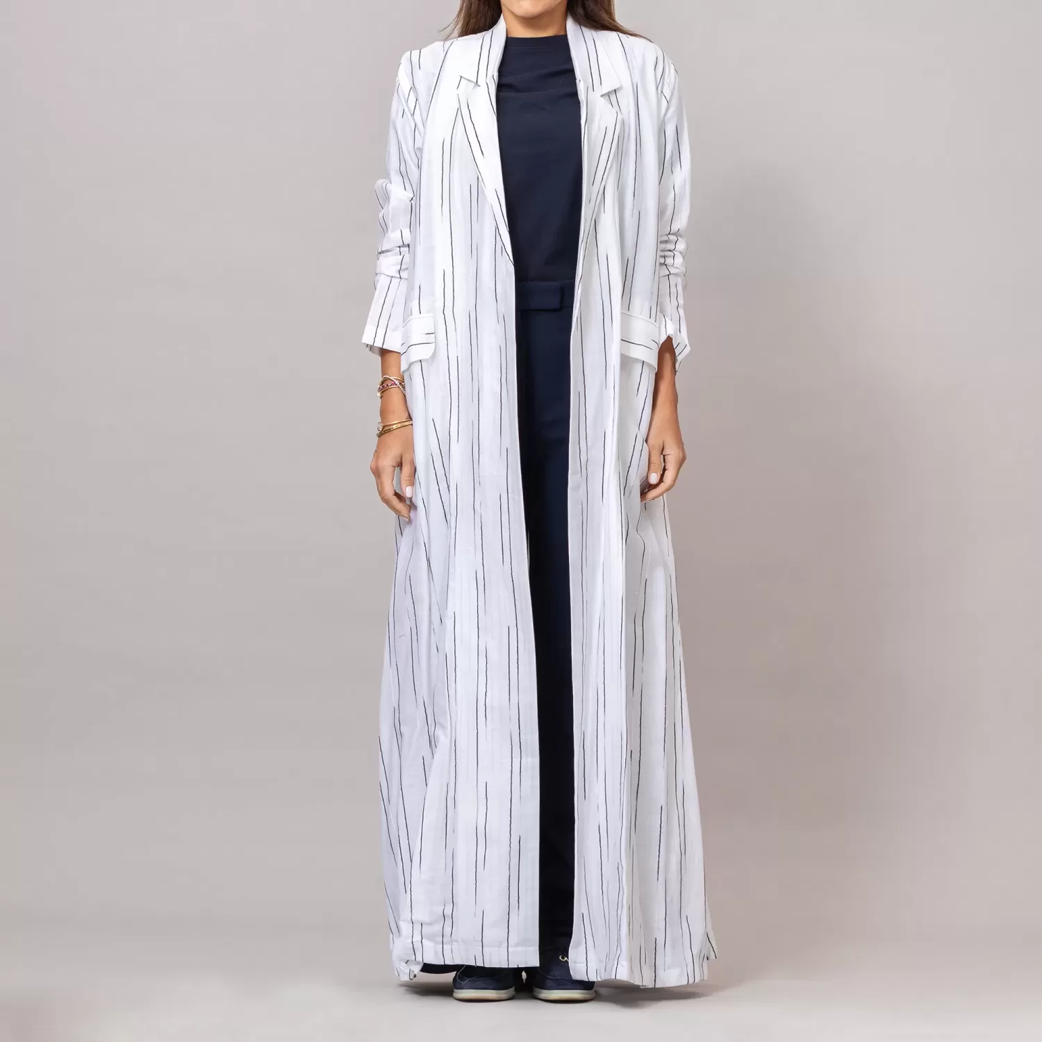 The Blazer Woven Striped Cotton Abaya with Pockets White