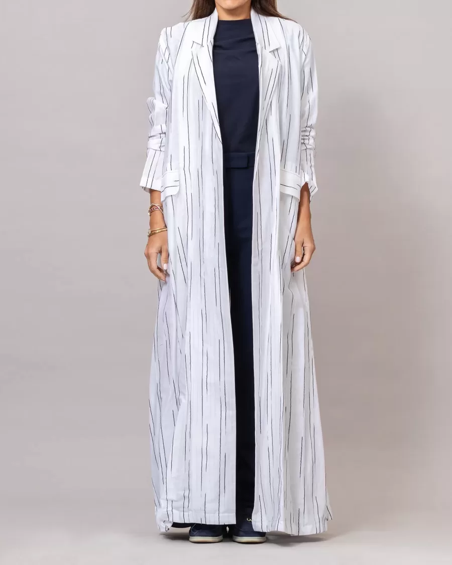 The Blazer Woven Striped Cotton Abaya with Pockets White